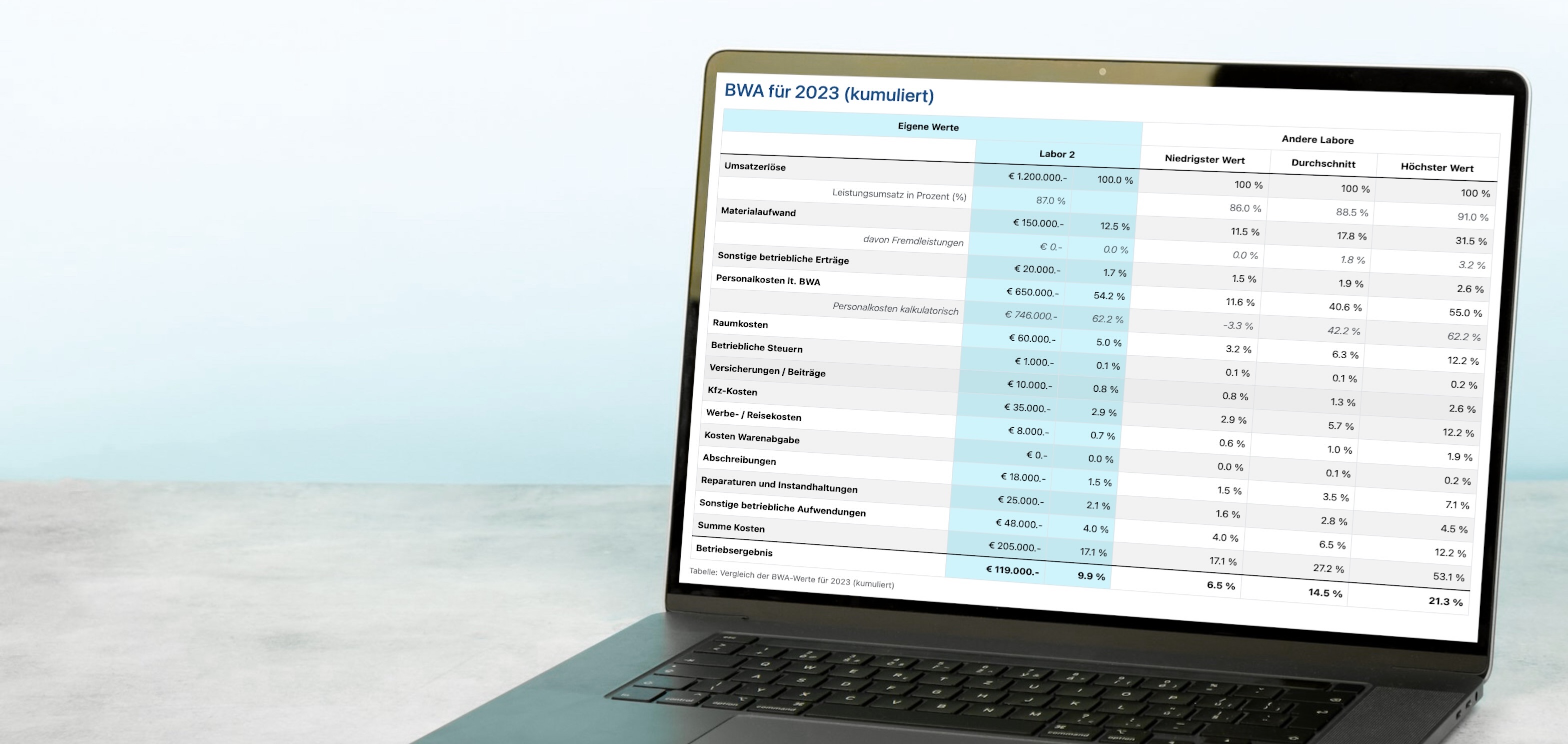 Laptop mit BWA-Analyse im Dentallabor
